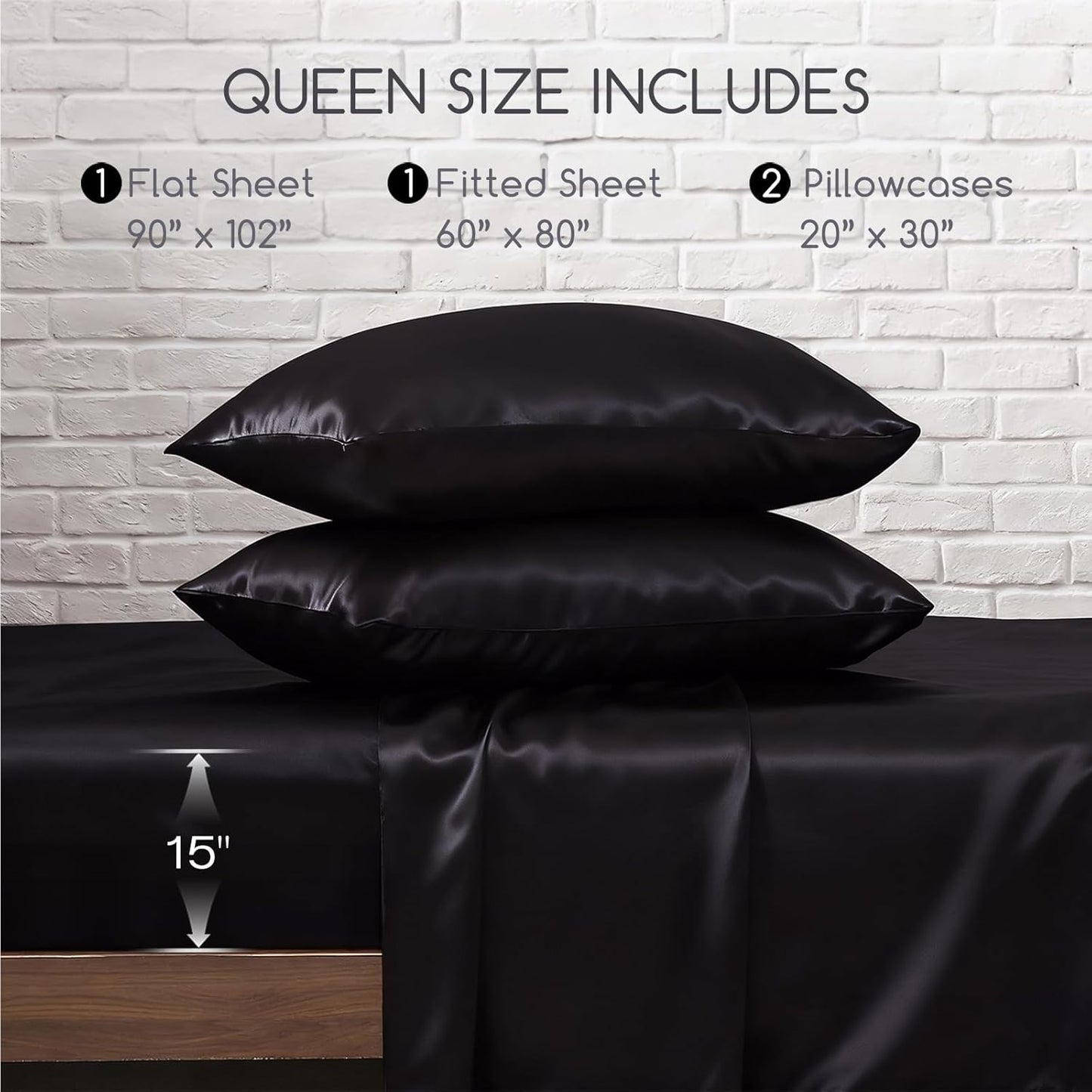 MR&HM Satin Bed Sheets, Queen Size Sheets Set, 4 Pcs Silky Bedding Set with Elastic Corner Straps and 15 Inches Deep Pocket for Mattress (Queen, Black)