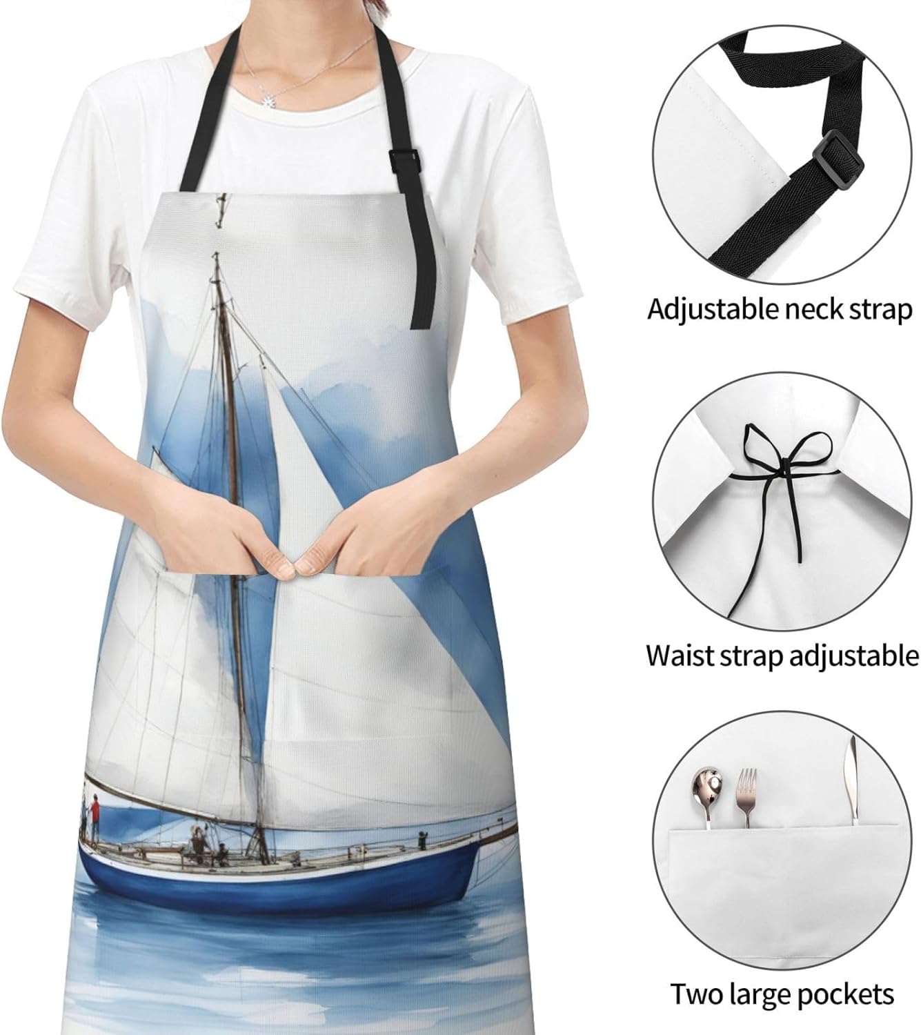 Blue Sailboat 1 print Waterproof chef's apron with pocket apron for ki