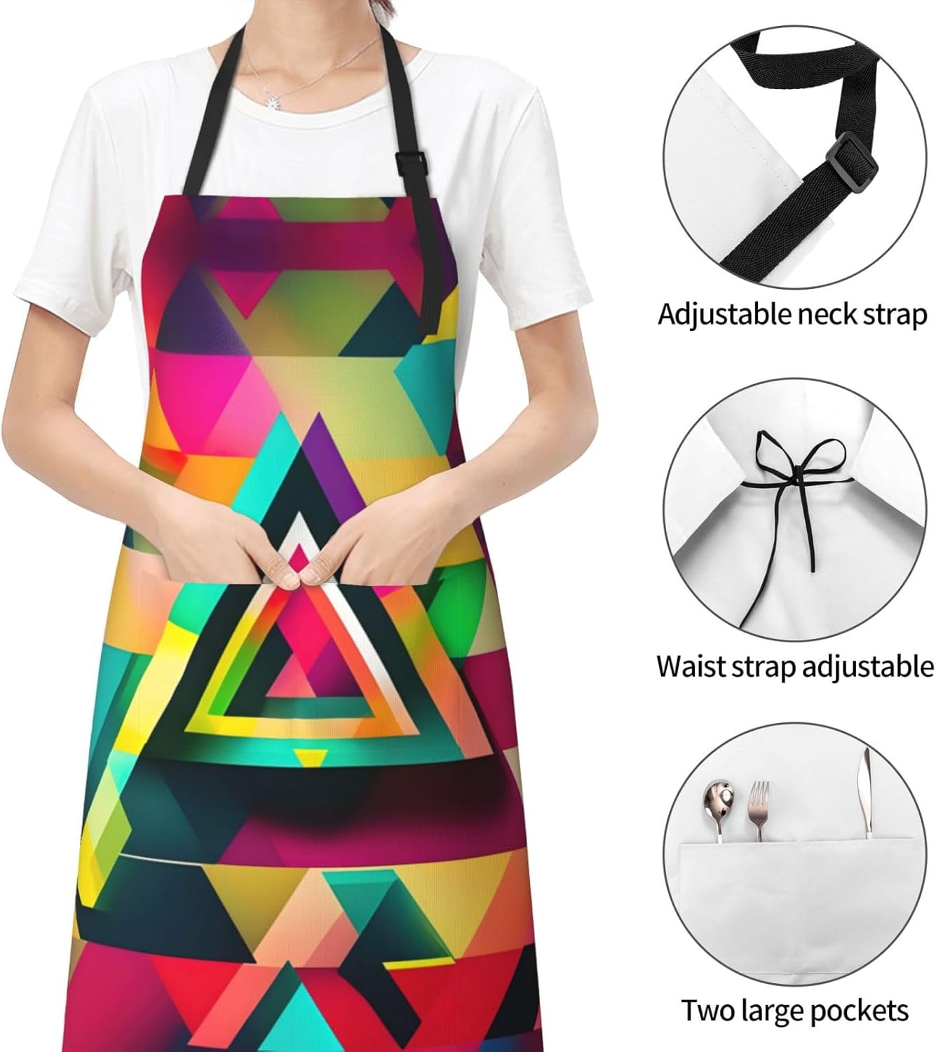 Colorful Triangle pattern Print 28x33 In Adult Kitchen Apron with Pockets Versatile Chef Smock for Cooking Baking