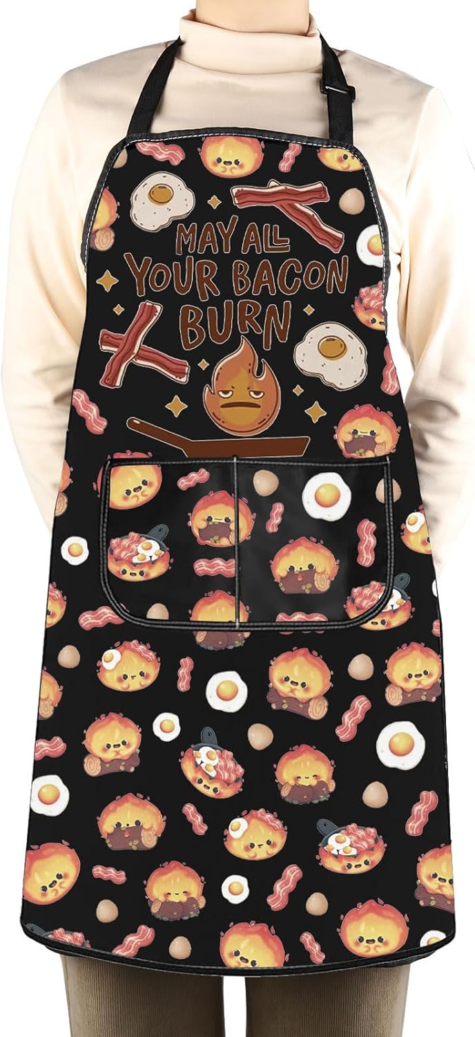 WCGXKO May All Your Bacon Burn Kitchen Apron Japanese Anime Inspired Gift BBQ Grilling Party Gift