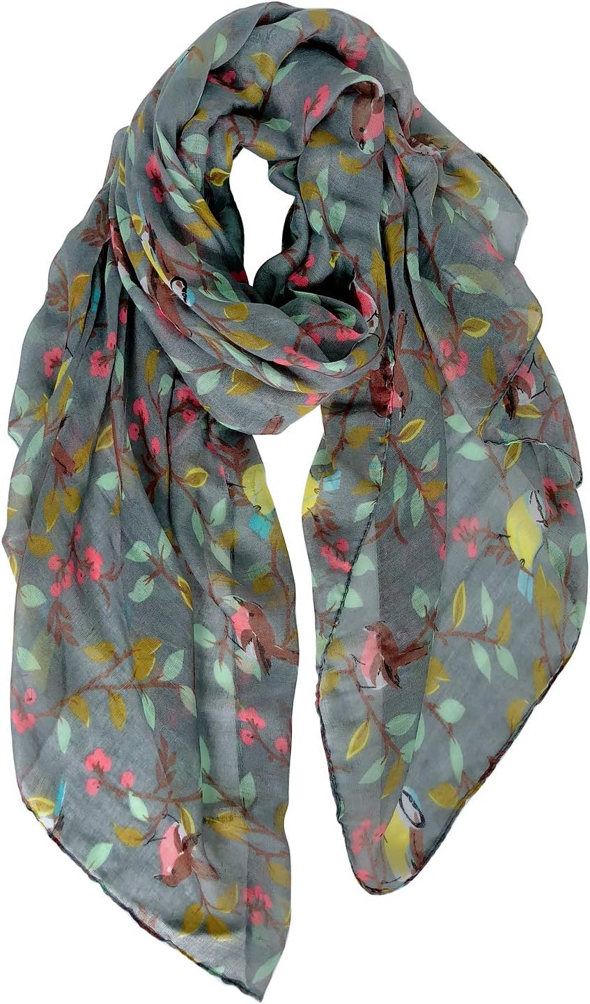 GERINLY Scarfs for Women Lightweight Floral Birds Print Cotton Scarves