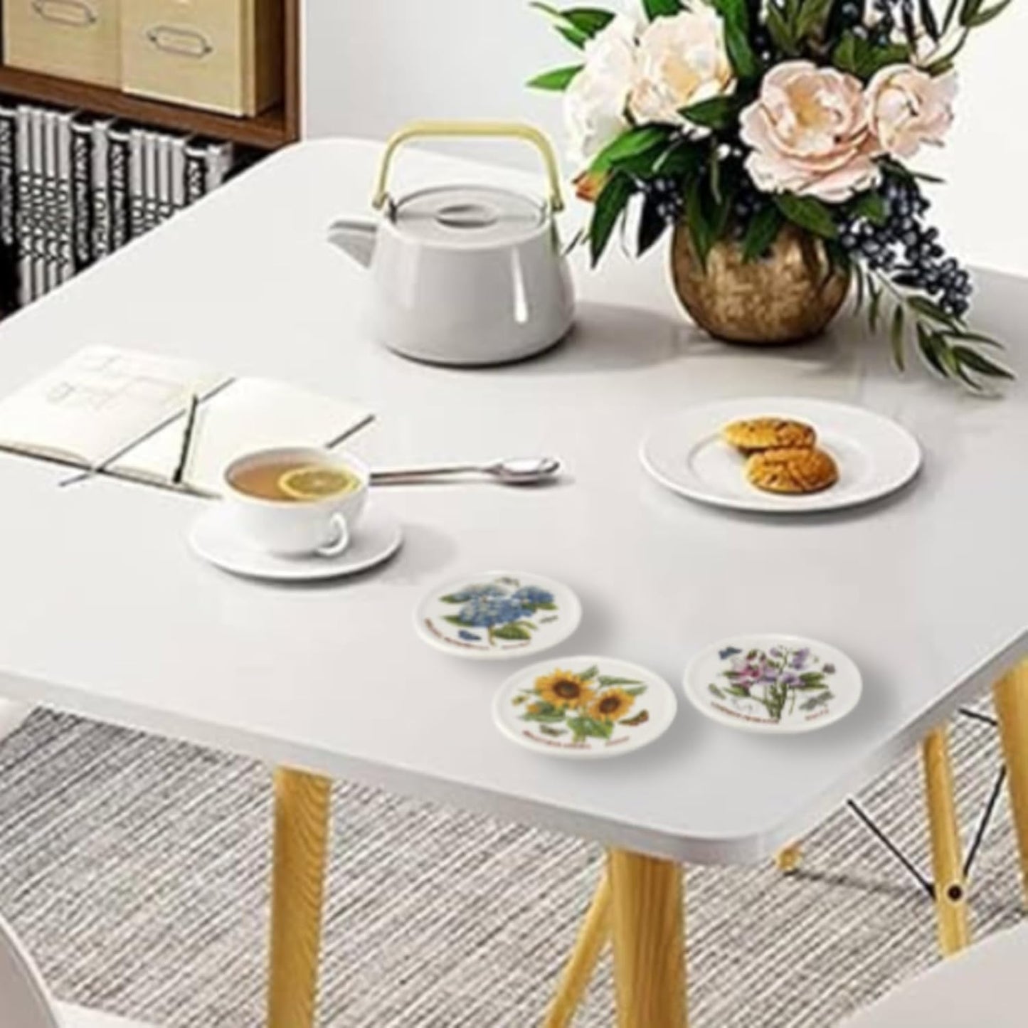 Portmeirion Botanic Garden 3.75" Ceramic Coasters with Holder- Set of 4 | Assorted Floral Motifs | Porcelain | Dishwasher Safe, Microwave Safe, Freezer Safe