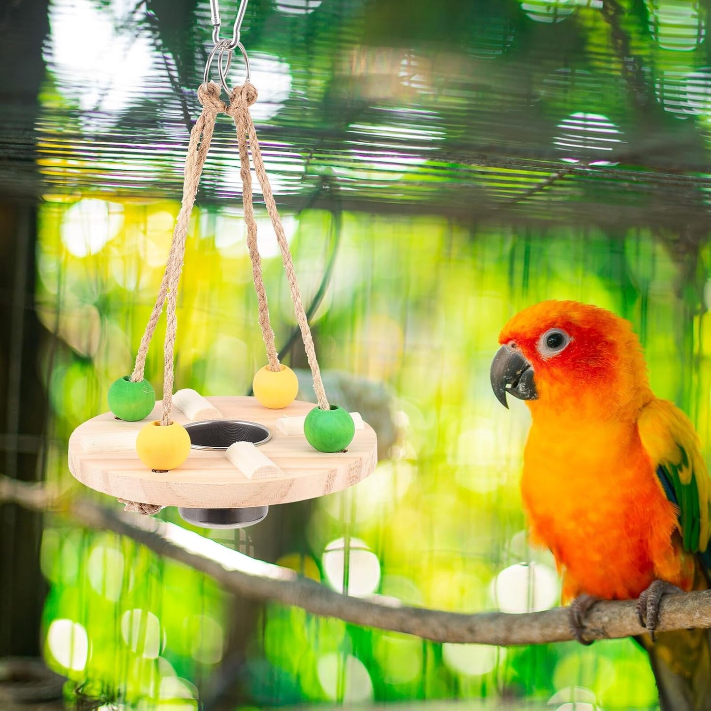 Wooden Hanging Bird Feeder Swing with Feeding Cup for Parrots Outdoor 