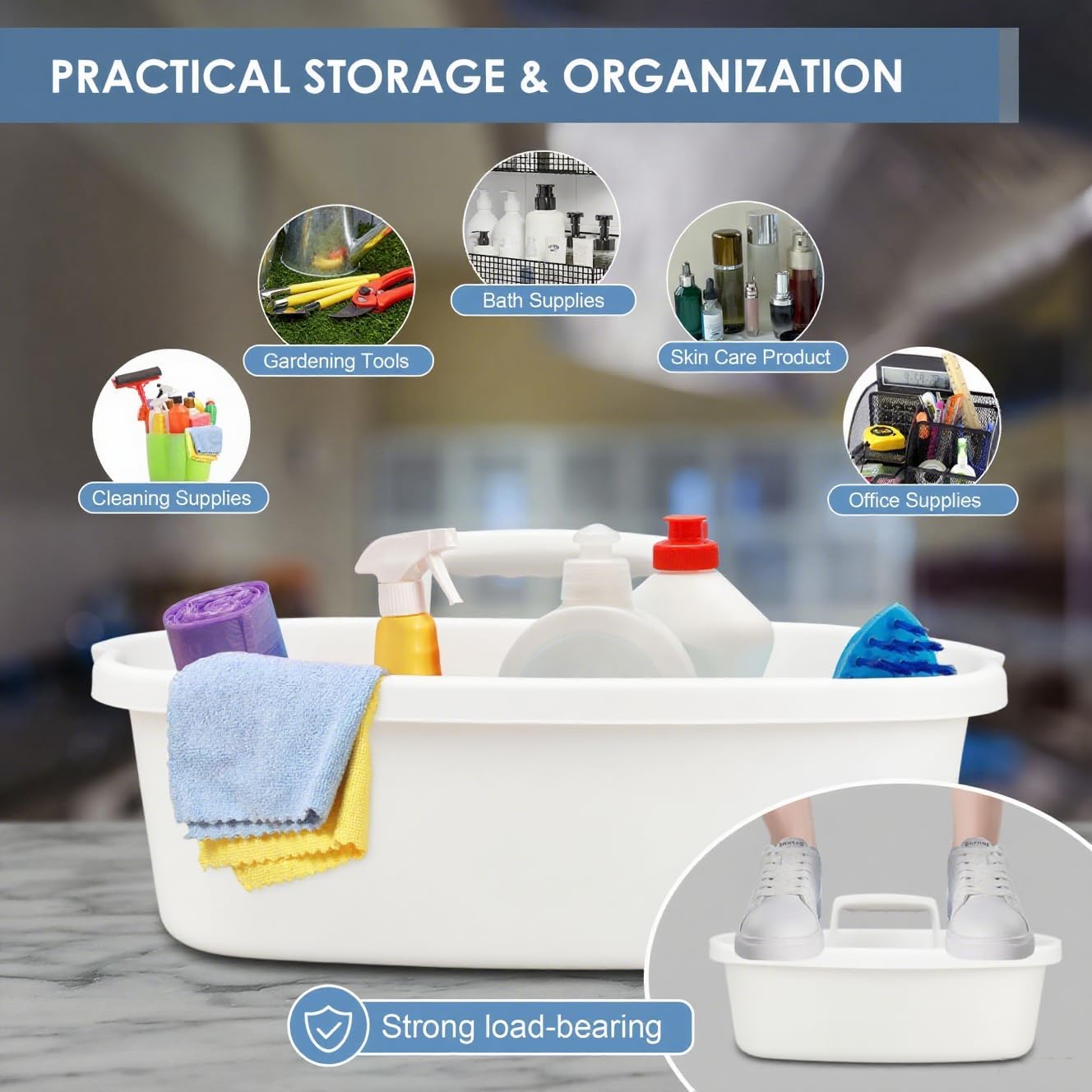 Cleaning Supplies Caddy with Handle, Portable Shower Caddy Organizer Plastic Basket with Handle, Stackable Tool Storage for Bathroom, Garden, Kitchen, Home Organization, White