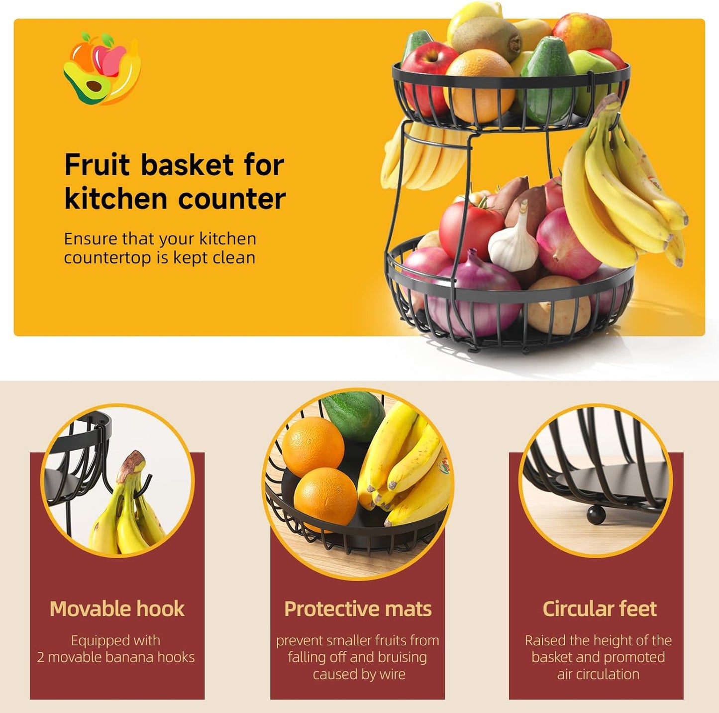 2 Tier Large Fruit Basket for Kitchen Counter with 2 Banana Hangers, M