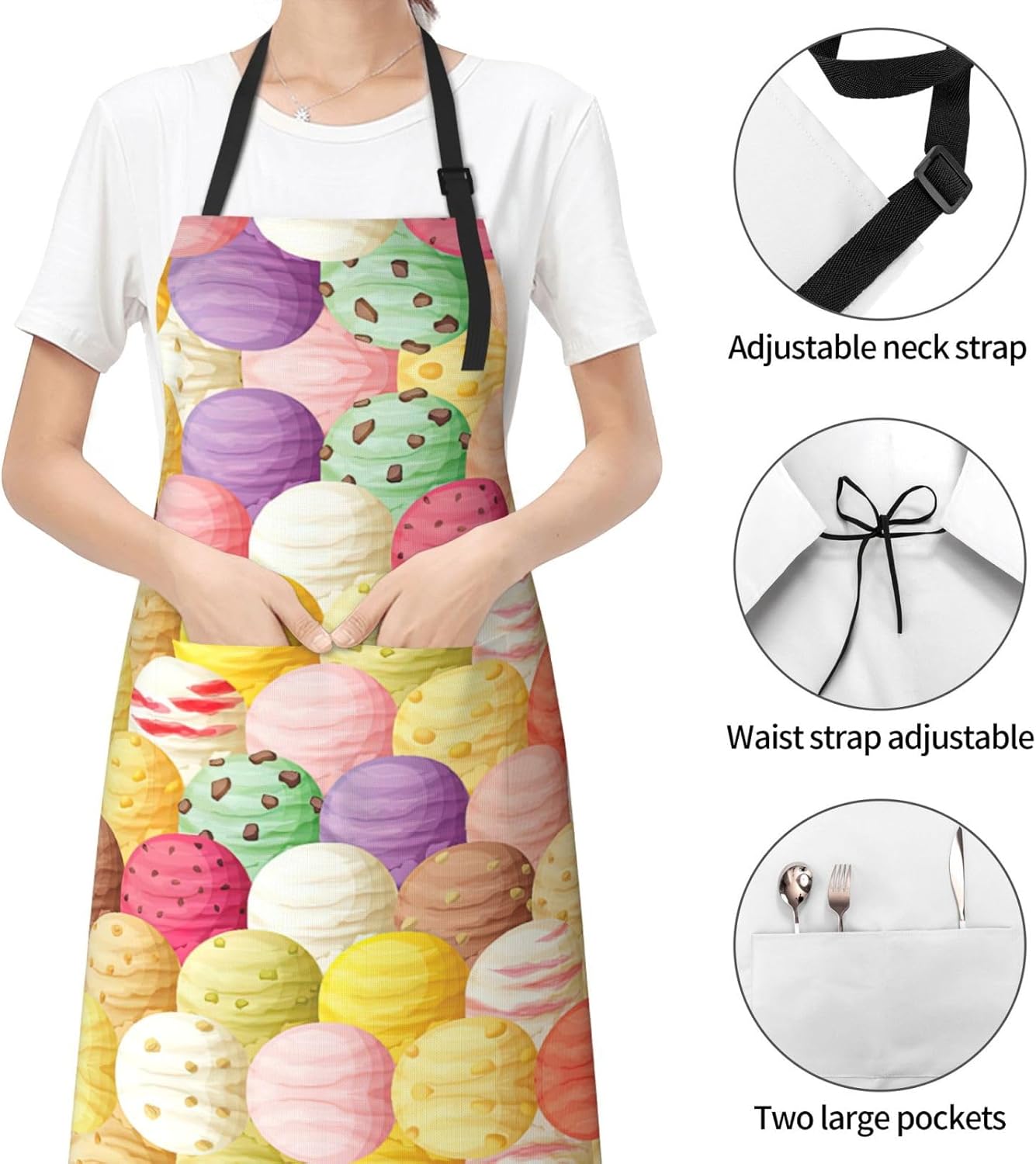Ice Cream Print 28x33 In Adult Kitchen Apron with Pockets Versatile Chef Smock for Cooking Baking