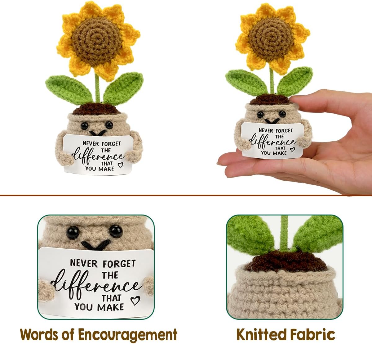 Mini Positive Crochet Sunflower Mothers Day for Mom, Cute Birthday Gifts for Women, Thank You Gifts for Teacher, Coworker, Friends and Sunflower Decor