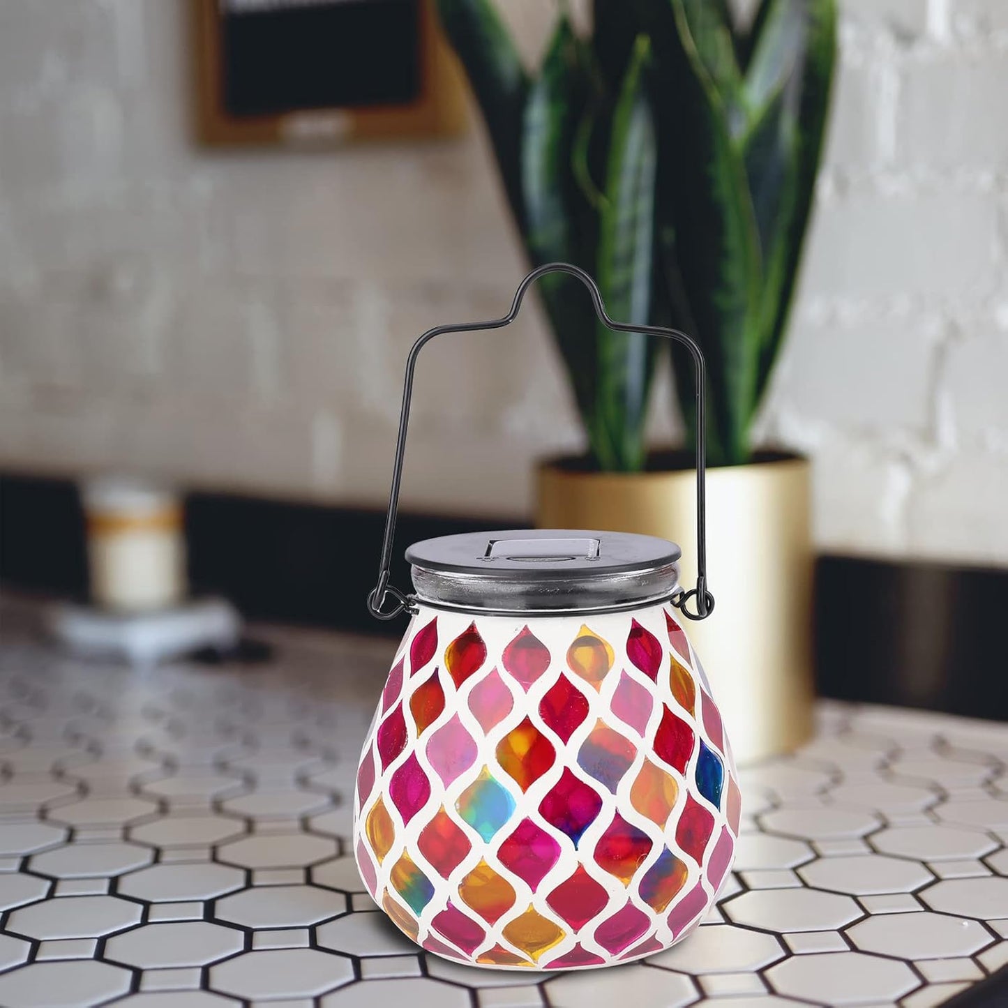 Bshine Mosaic Solar Lantern Outdoor Hanging Waterproof, Pink Mosaic Light Indoor Valentine's Day Decor Table, Garden Decor for Yard Outside, Path, Lawn, Birthday Gift for Mom Women