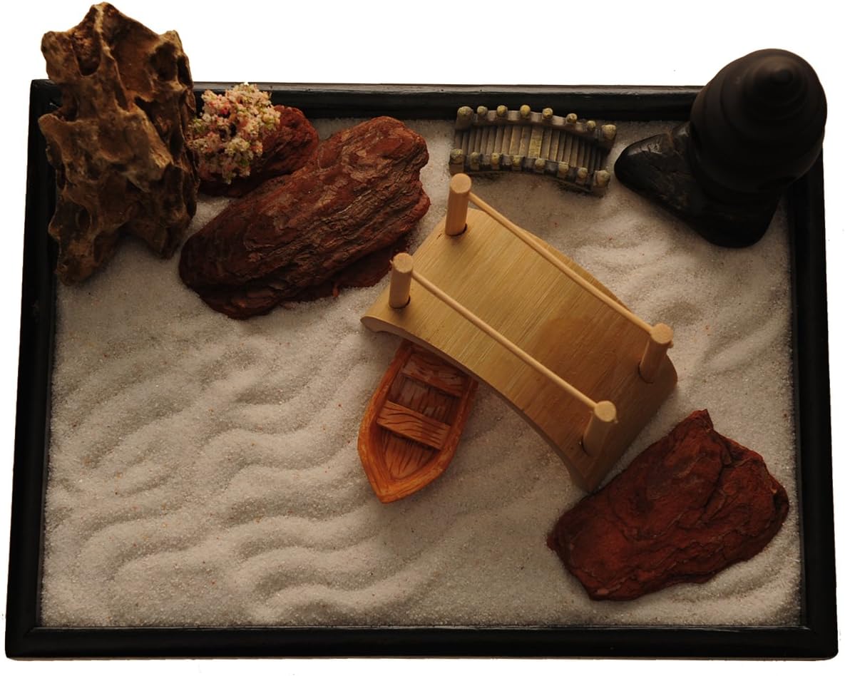 Zen Garden with Boat Bridge Japanese Censers Set with Free Rake and Pushing Sand Pen Base Tray Dimensions 10 x 7 x 0.4 inches