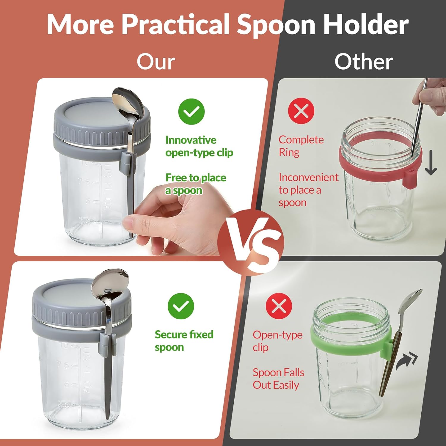 4 Pack Overnight Oats Containers with Lids and Spoons - DRKIO 16 Oz Gl