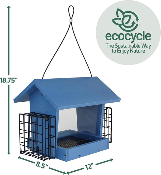 Hopper Hangout Recycled Plastic Hopper Bird Feeder with Latching Suet Cages & Fresh Seed Tray for Wild Birds and Outdoor Décor, 3 Quart Capacity, 2 Suet Cake, Blue