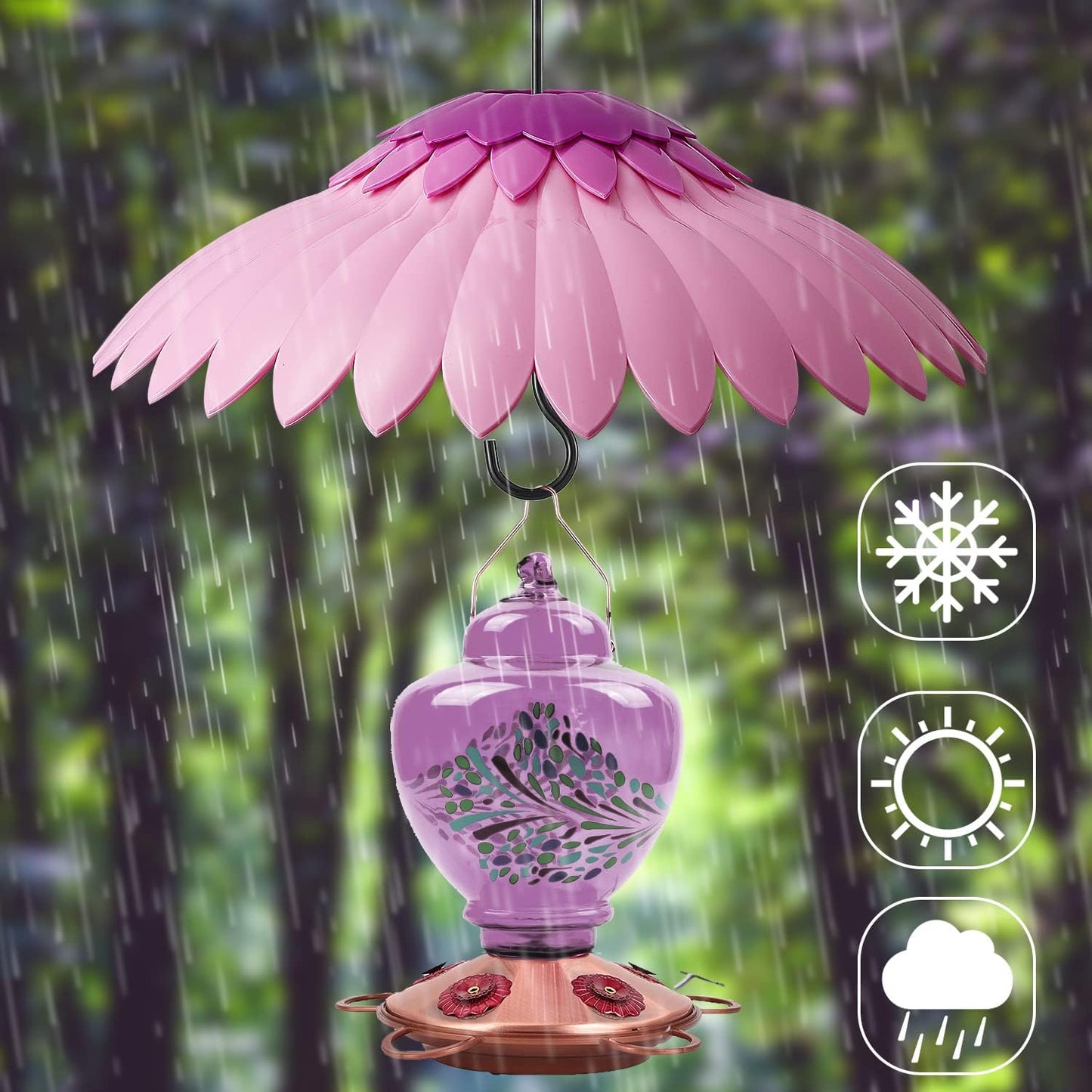 Bird Feeder Baffle Weather Rain Guard Dome Cover Keep Nectar Cool 14" Largh Diameter with Moat and 3 Hooks for Outside Hanging Hummingbird Feeder Bird Feeder（Pink Purple）