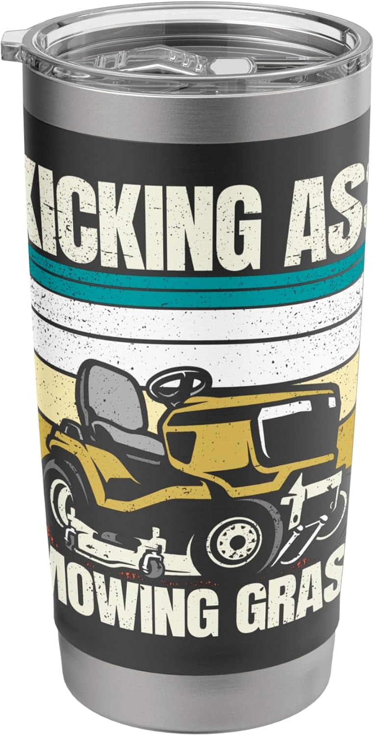 Kicking Ass Mowing Grass Funny Lawn Mower Men Mowing Stainless Steel Insulated Tumbler