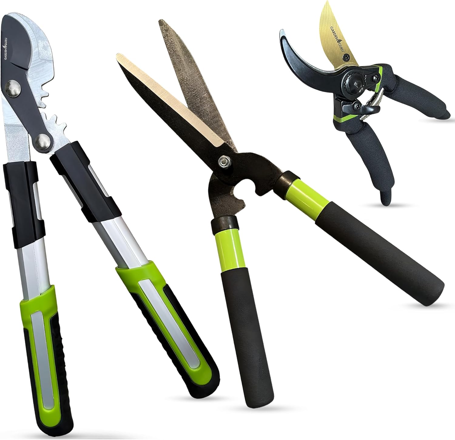 GARDEN GURU Hedge Shears Bypass Loppers Pruning Shears 3 Pc Set - Heav