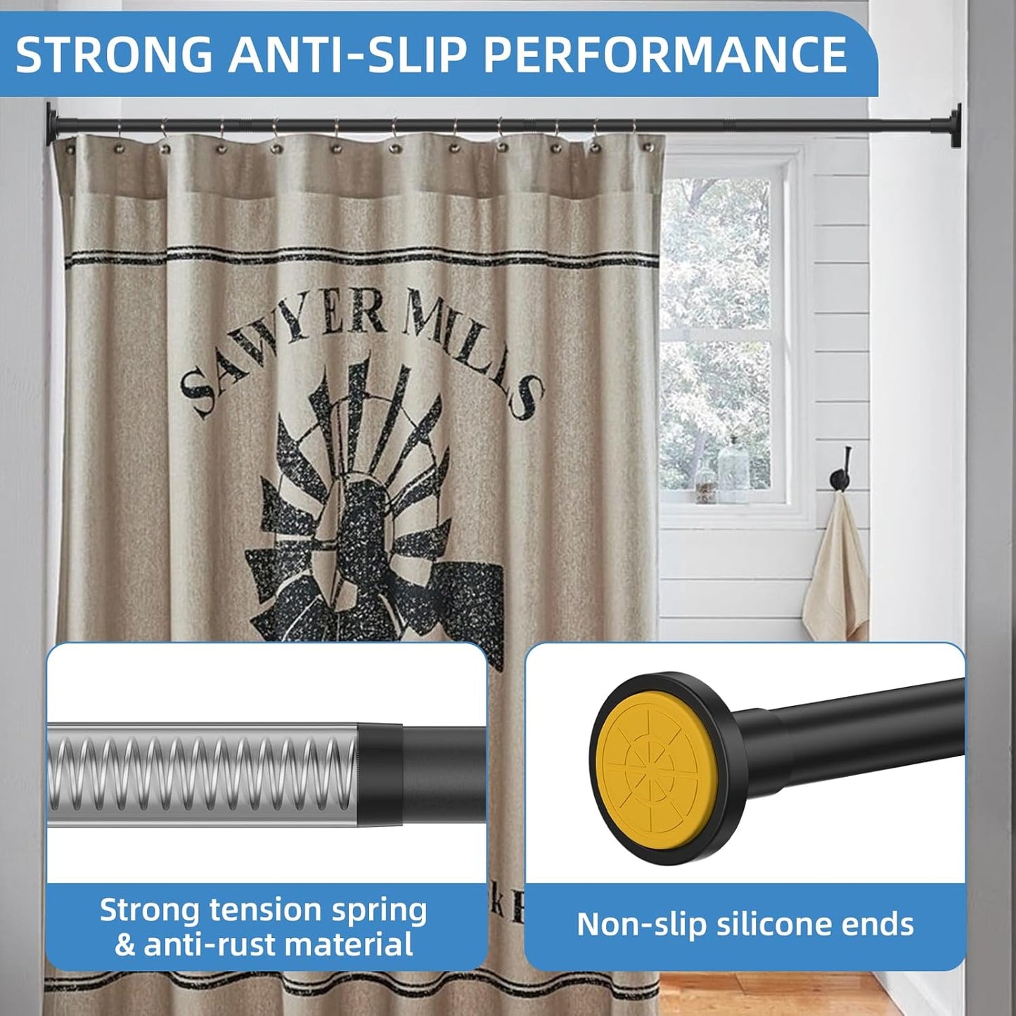 Matte Black Shower Curtain Rod,1 Inch Diameter Stainless Steel Adjustable Spring Tension Rods 32 to 80",with Holders,Anti-Slip,Curtain Rods No Drilling(1 Pack)
