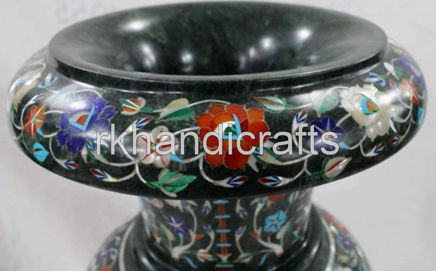 21 Inches Royal Look Green Marble Plant Stand for Bar and Hotel Decor Shiny Gemstone Inlay Work Flower Pot