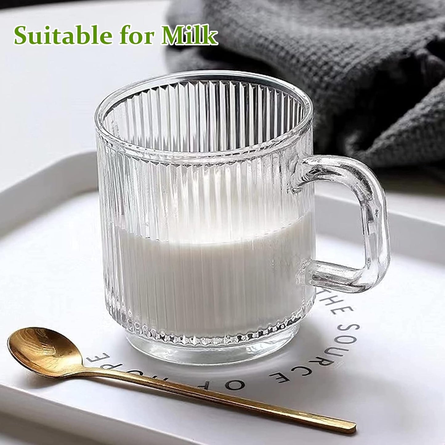 6 PACK Premium Glass Coffee Mugs with Handle, 12 OZ Classic Vertical S