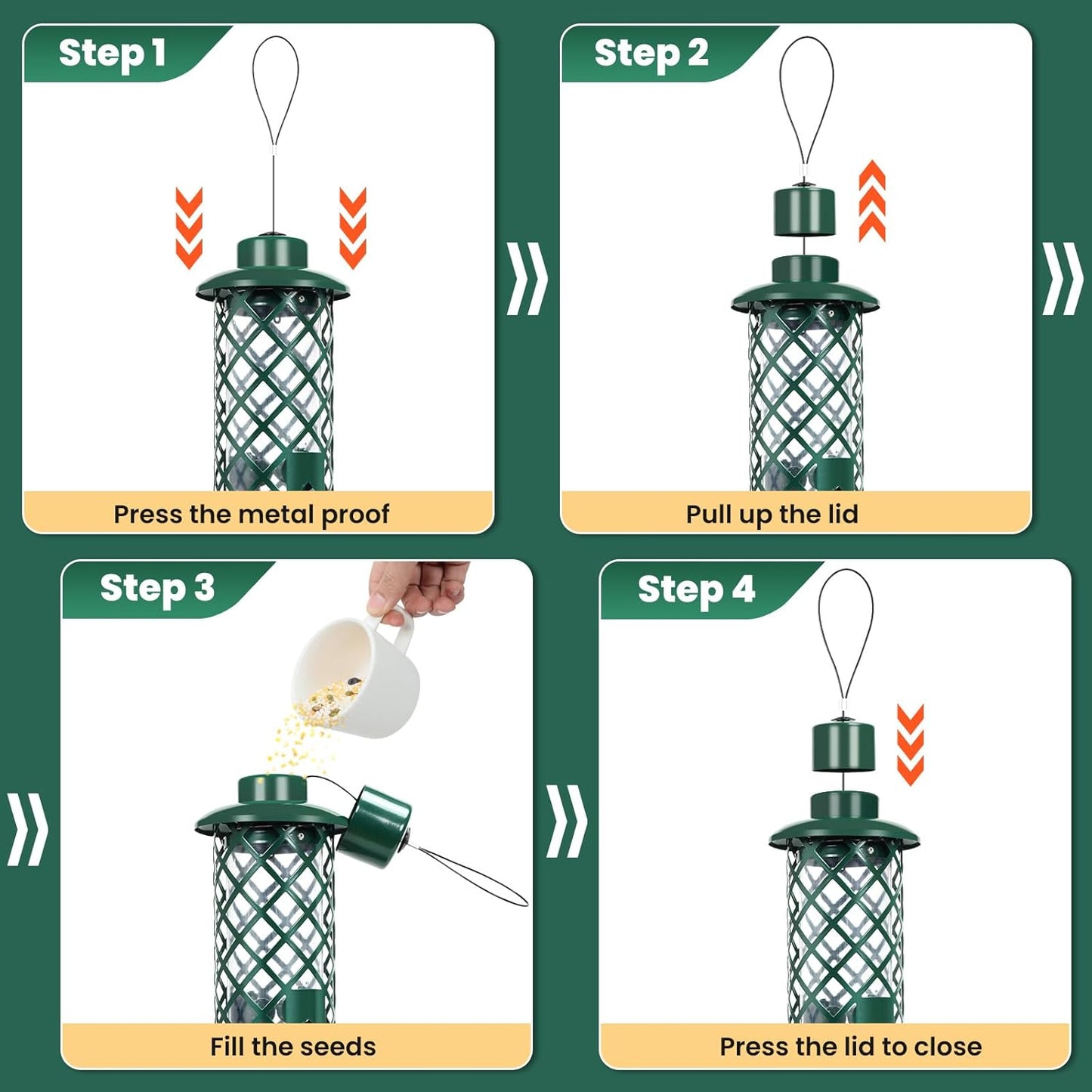 Squirrel Proof Bird Feeder for Outdoors, Weight-Activated Metal Hanging Bird Feeder, 3LB Large Capacity Wild Bird Feeder with Drainage Holes for Garden Patio Yard, Green