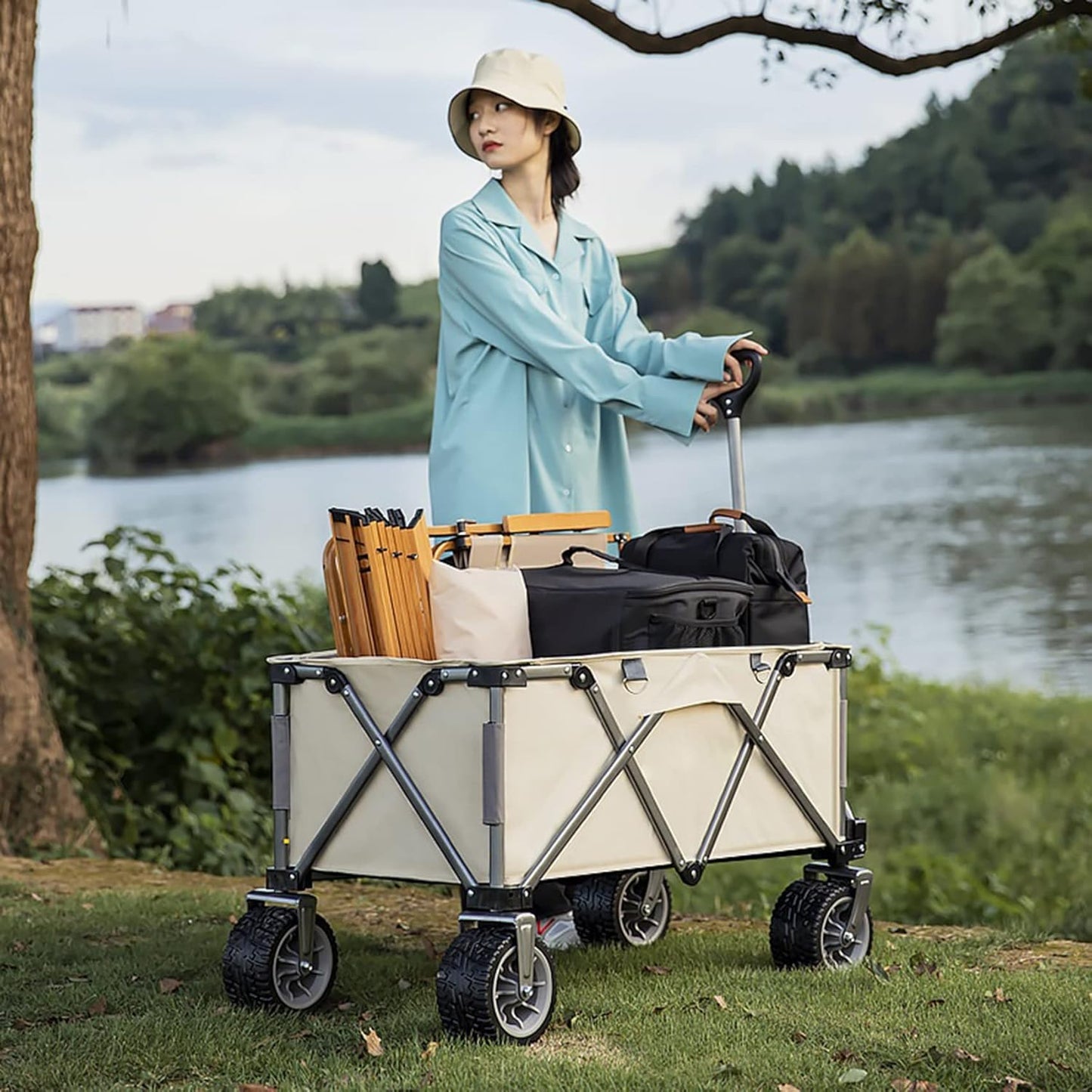 Outdoor Campitrolley,Portable Foldipicnic Heavy Duty Car,All Multi-Function Cargo Vehicle,Large Oxcloth Storage Cart，for Camping,Sports,Shopping/Beige/a