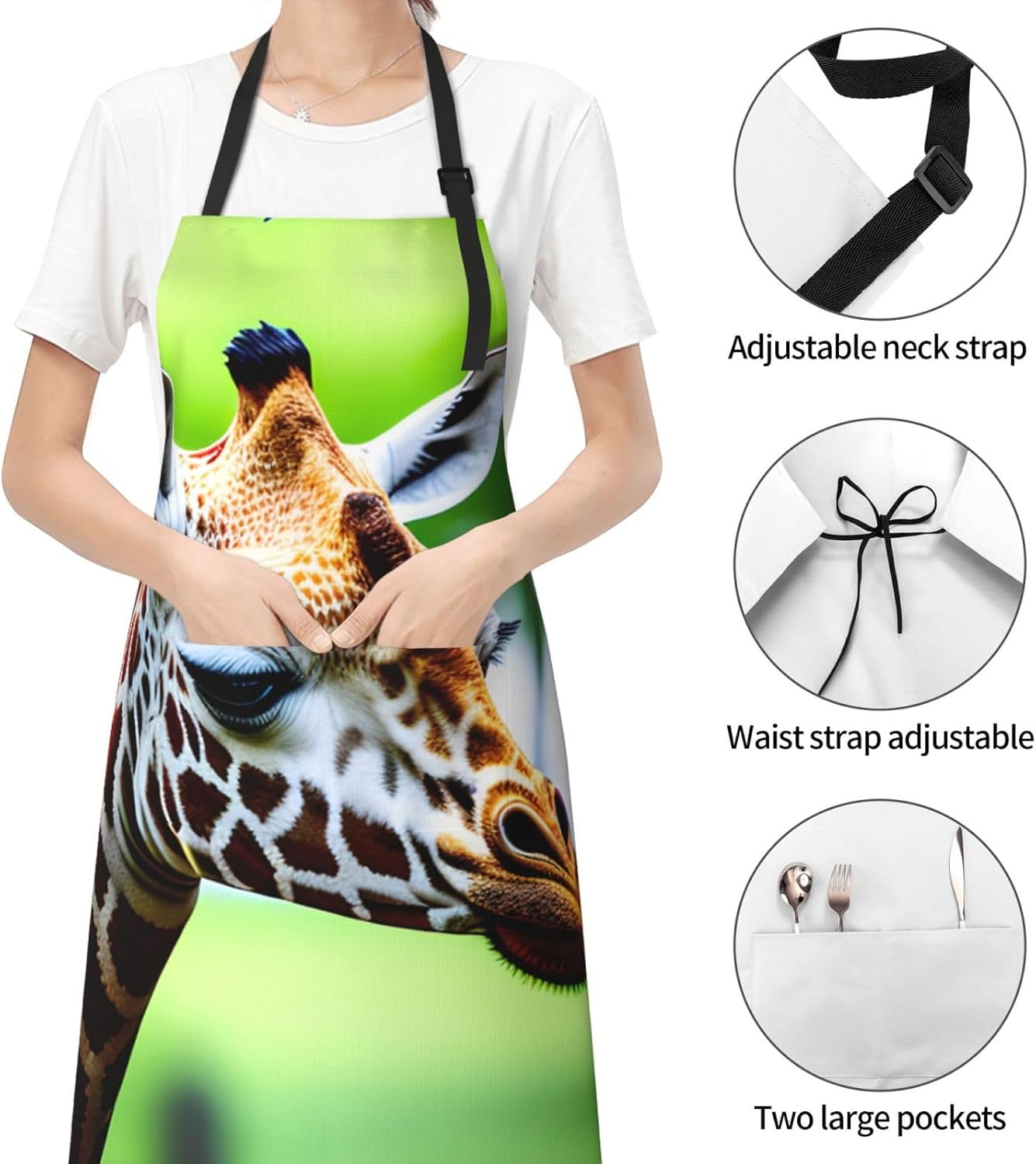 Cartoon Giraffe print Waterproof chef's apron with pocket apron for kitchen cooking baking barbecue and gardening