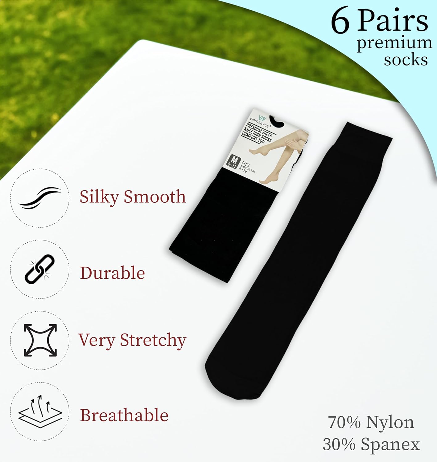 Sheer Knee High Socks, 6 Pairs 20D Premium Silky Soft Nylon Stockings 