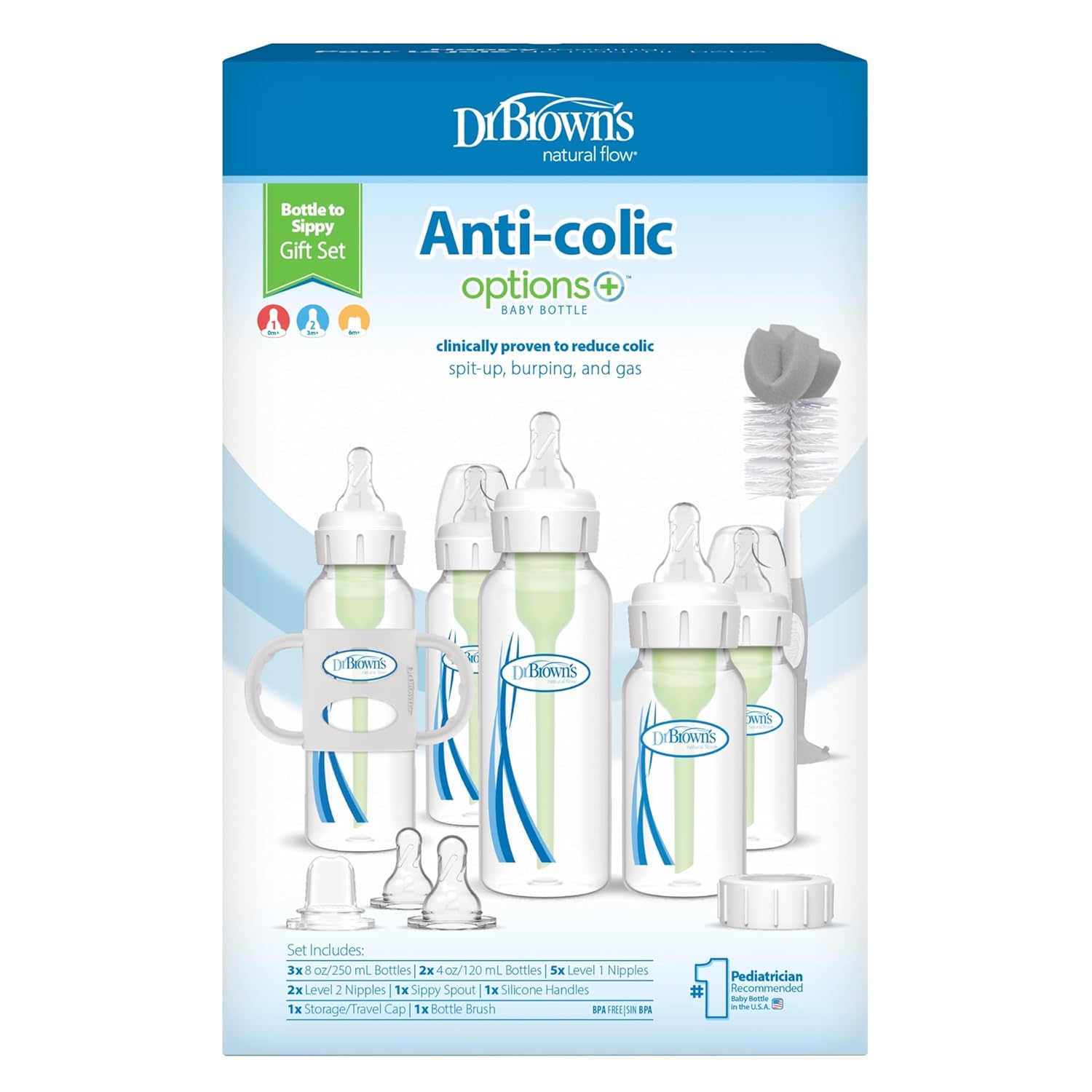 Dr. Brown's Anti-Colic Options + Narrow Bottle to Sippy Gift Set with 