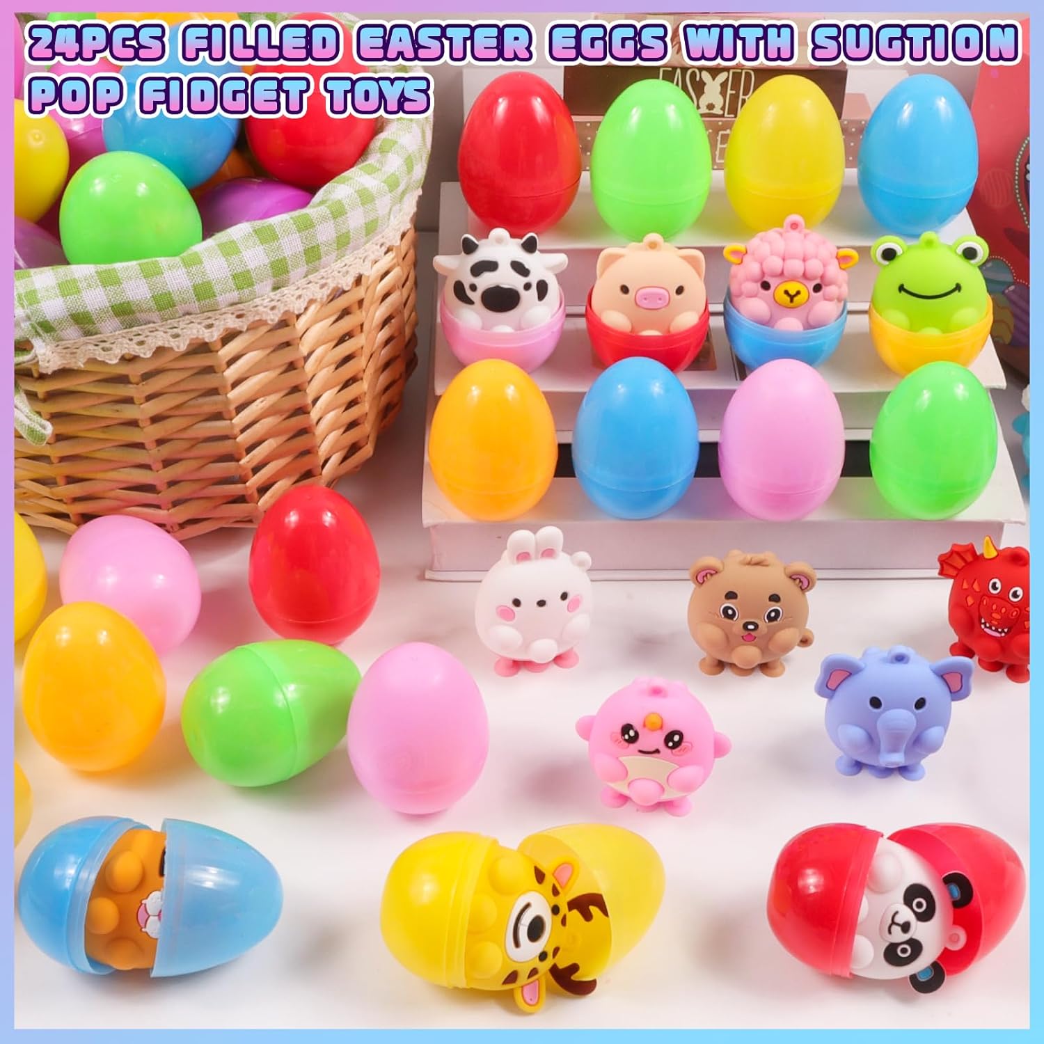 Prefilled Easter Eggs with Light Up 3D Animal Pop Toys, 24 Pack Easter