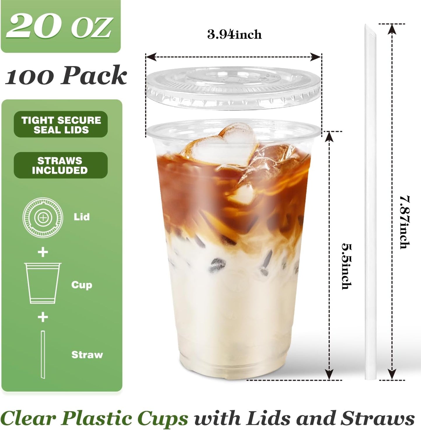 Charmount 100 Sets- 20 oz Clear Plastic Cups with Lids and Straws, Disposable To Go Cups for Cold Drinks, Coffee Bar Accessories, Iced Coffee, Smoothies | with Lids and Straws, Disposable, To Go Cups, for Cold Drinks, Iced Coffee, Milkshakes