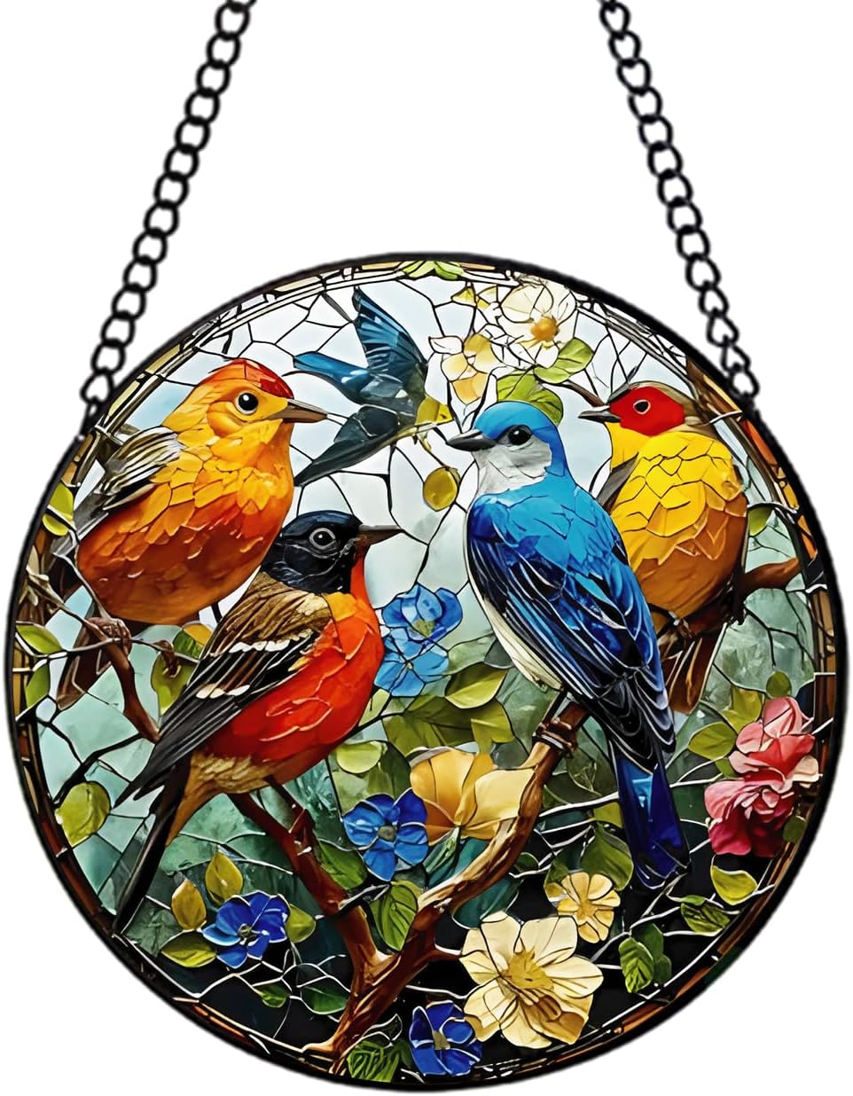 Birds on Branch Stained Glass Window Hanging - 7.8'' Suncatcher for In