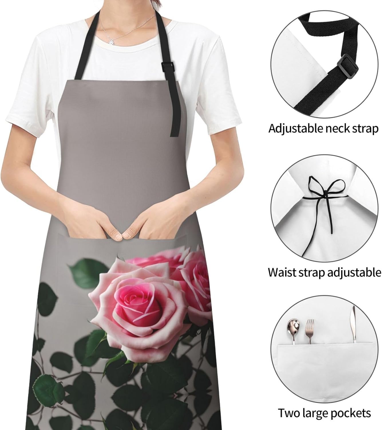 Pink Rose Print Laundry apron 28x33 In Waterproof Kitchen Apron with Pockets for Cooking Baking