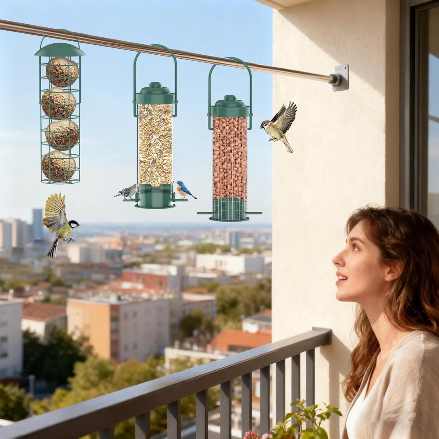 Outdoor Bird Feeder, Metal Weatherproof Set, 3-Piece Garden Feeding Advantage, Powder-Coated Steel Kit, Wild Bird Accessory with Squirrel Guard, Hummingbird Chickadee Finch Feeding for Yard Patio