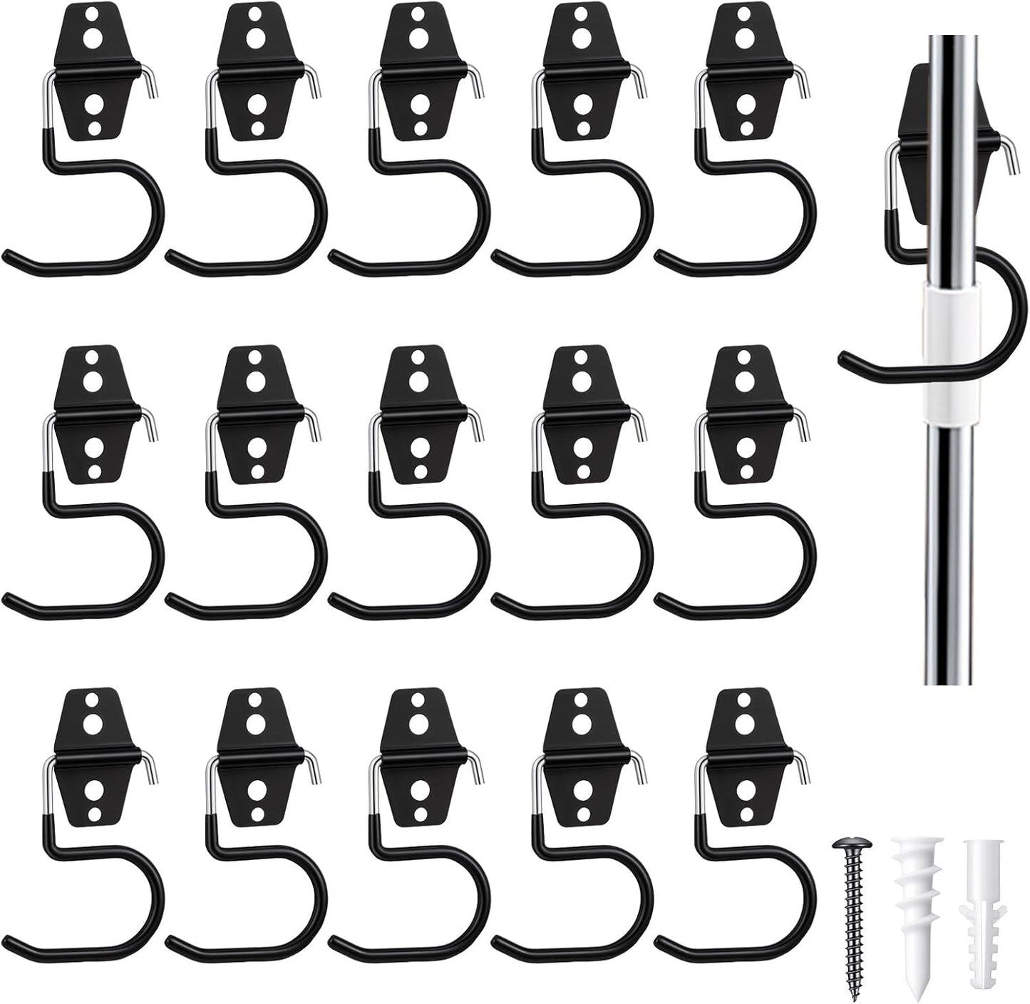 15 Pack Broom Holder Wall Mount - Heavy Duty Metal S Hooks with Anti-Slip Coating, Tool Hangers for Garage, Shed & Garden Organization, Includes Screws & Anchors