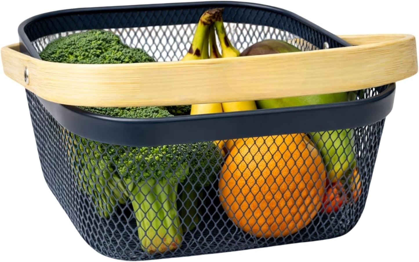 Garden Harvest Basket Gray Mesh Vegetable Hod with Bamboo Handle – Garden Baskets for Harvesting Fruits Vegetables Herbs, Durable Metal Wire Design for Gardeners (Gray Mesh Basket)