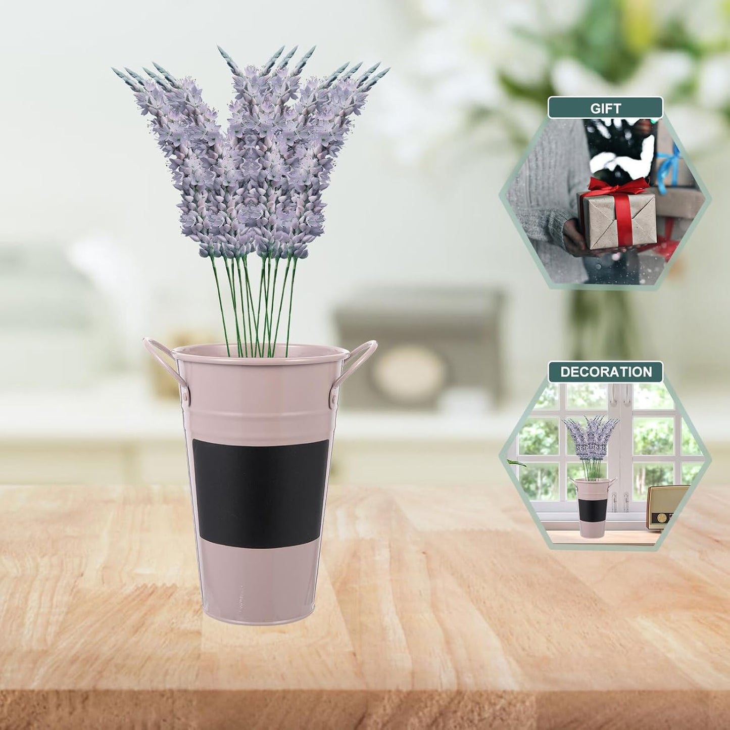 PRETYZOOM Iron Flower Bucket with Small Blackboard, Metal Plant Storage Organizer and Decorative Flowerpot Vase, Light Purple Succulent Planter for Home Garden Décor
