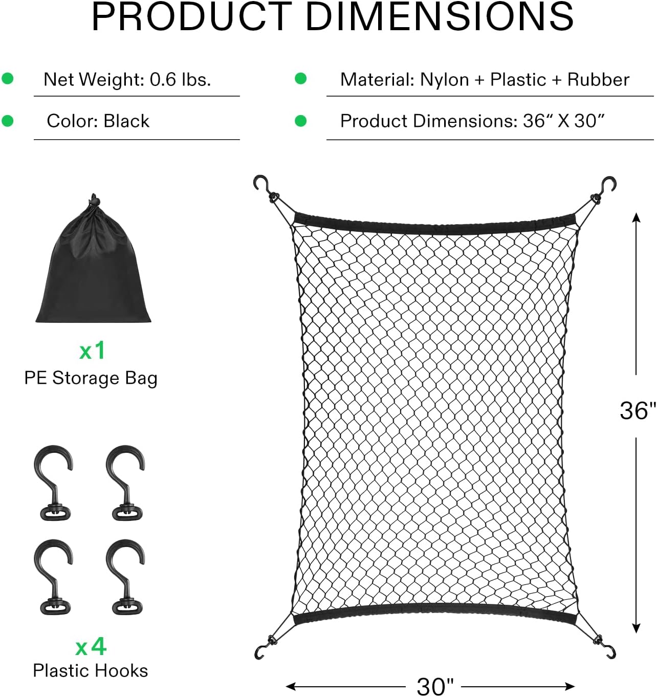 VIVOSUN Cargo Net for Garden Wagon, 36" X 30" Heavy Duty Nylon Netting with Storage Bag for Folding Wagon, Beach Cart, Garden Cart, Trolley Cart, Black