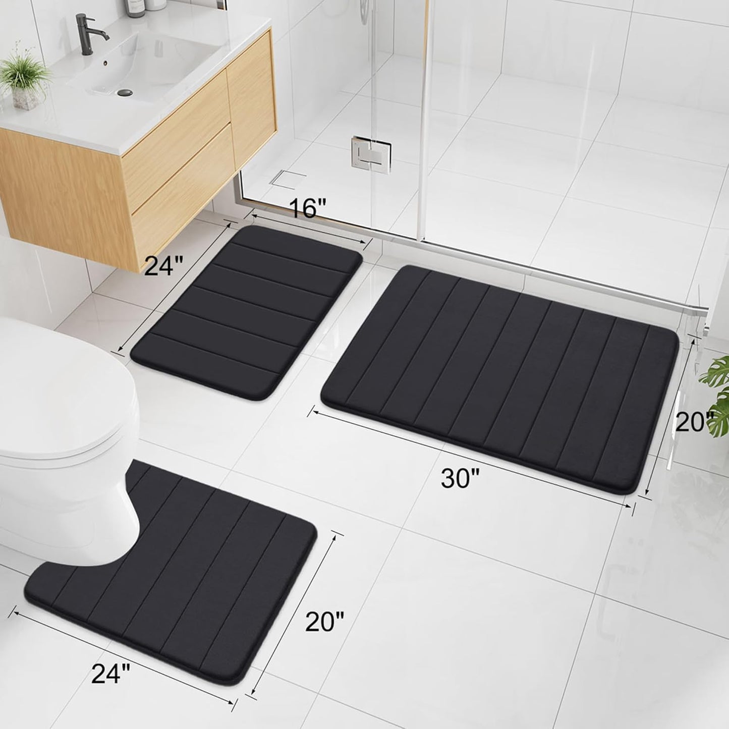Buganda Memory Foam Bath Mat, 30" x 20", Ultra Soft and Non-Slip Bathroom Rugs, Water Absorbent and Machine Washable Bath Rug for Bathroom, Shower, and Tub, Black