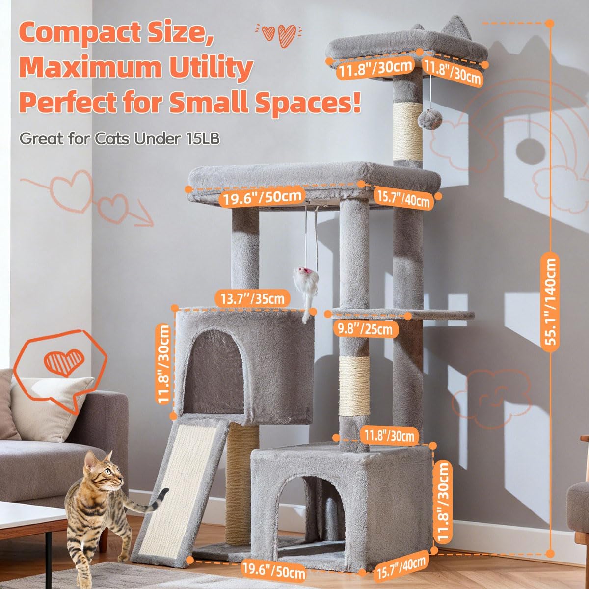 Taoqimiao Cat Tree for Indoor Cats, 55.1In Sturdy Cat Tower, Large Pla