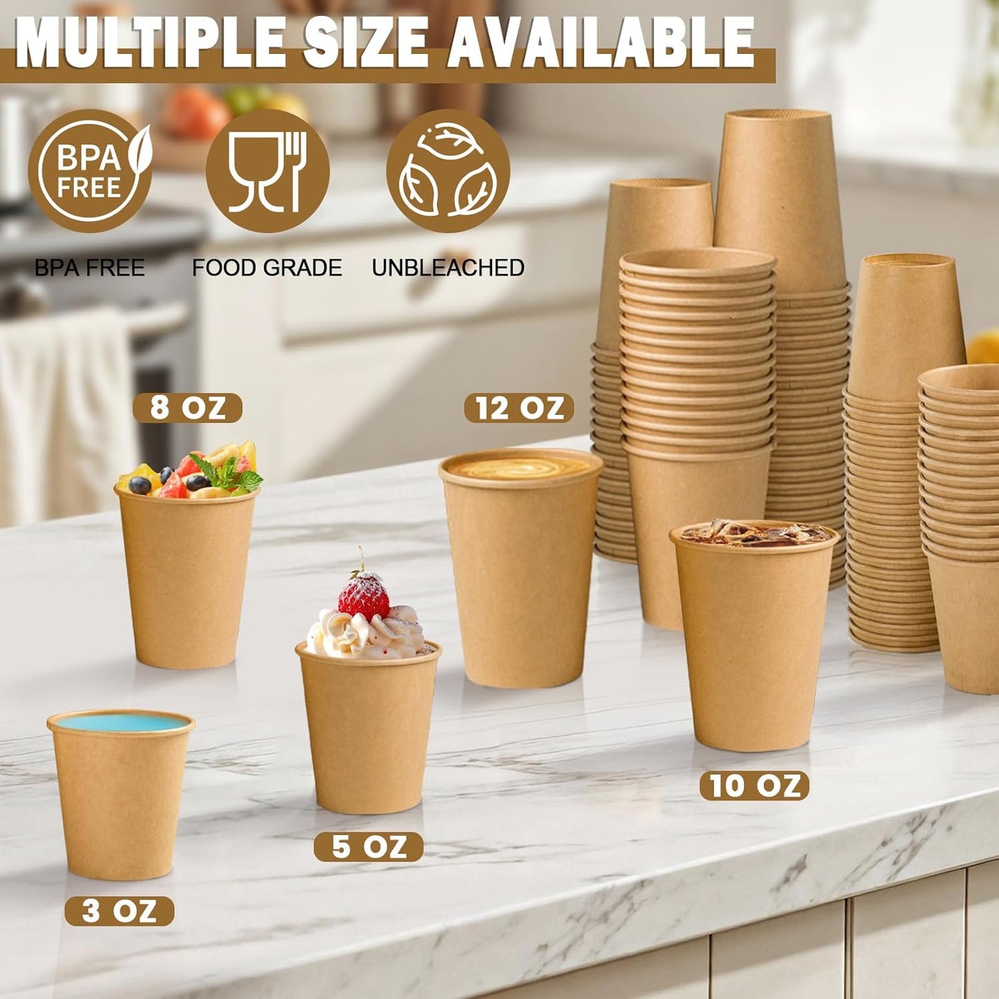 Lamosi 200 Pack 8 oz Kraft Paper Cups, Brown Disposable Paper Coffee Cups, Unbleached Paper Cups for Hot/Cold Beverage Party Home Office