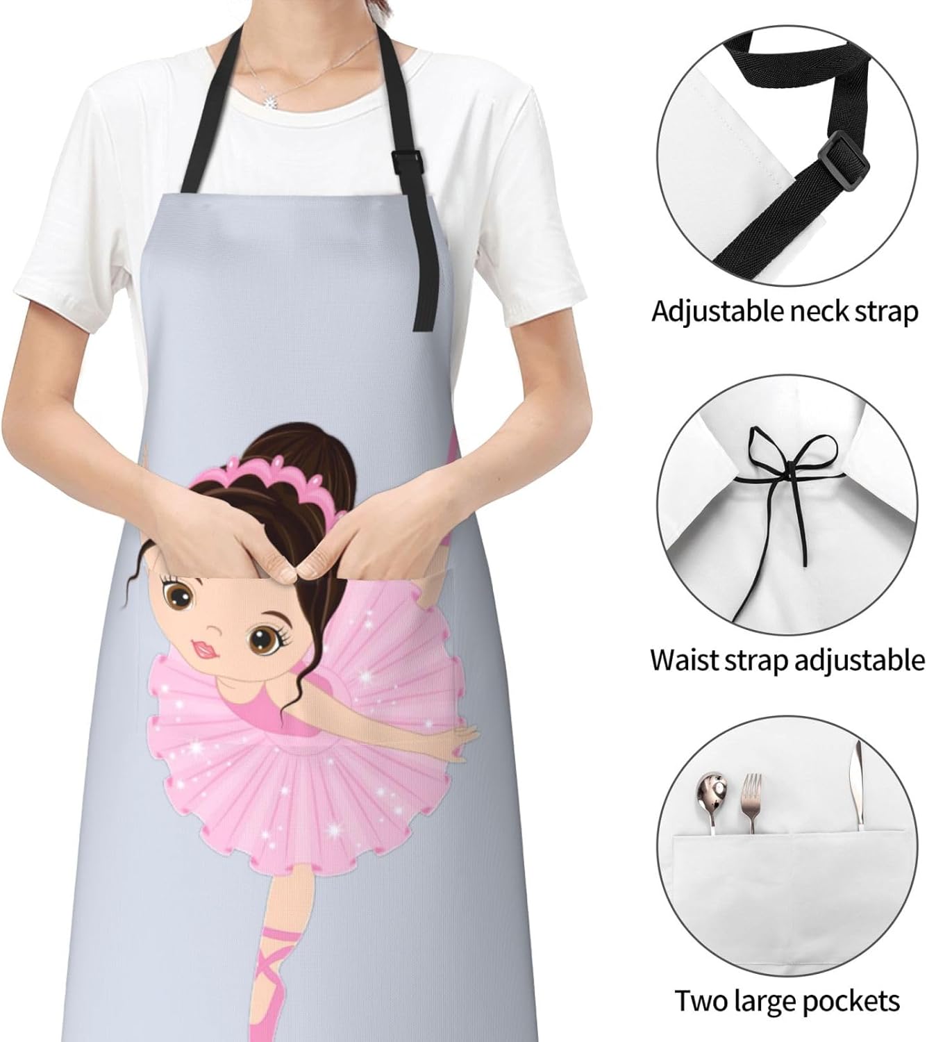 Little Ballerina Dancing Girl Print 28x33 In Adult Kitchen Apron with Pockets Versatile Chef Smock for Cooking Baking