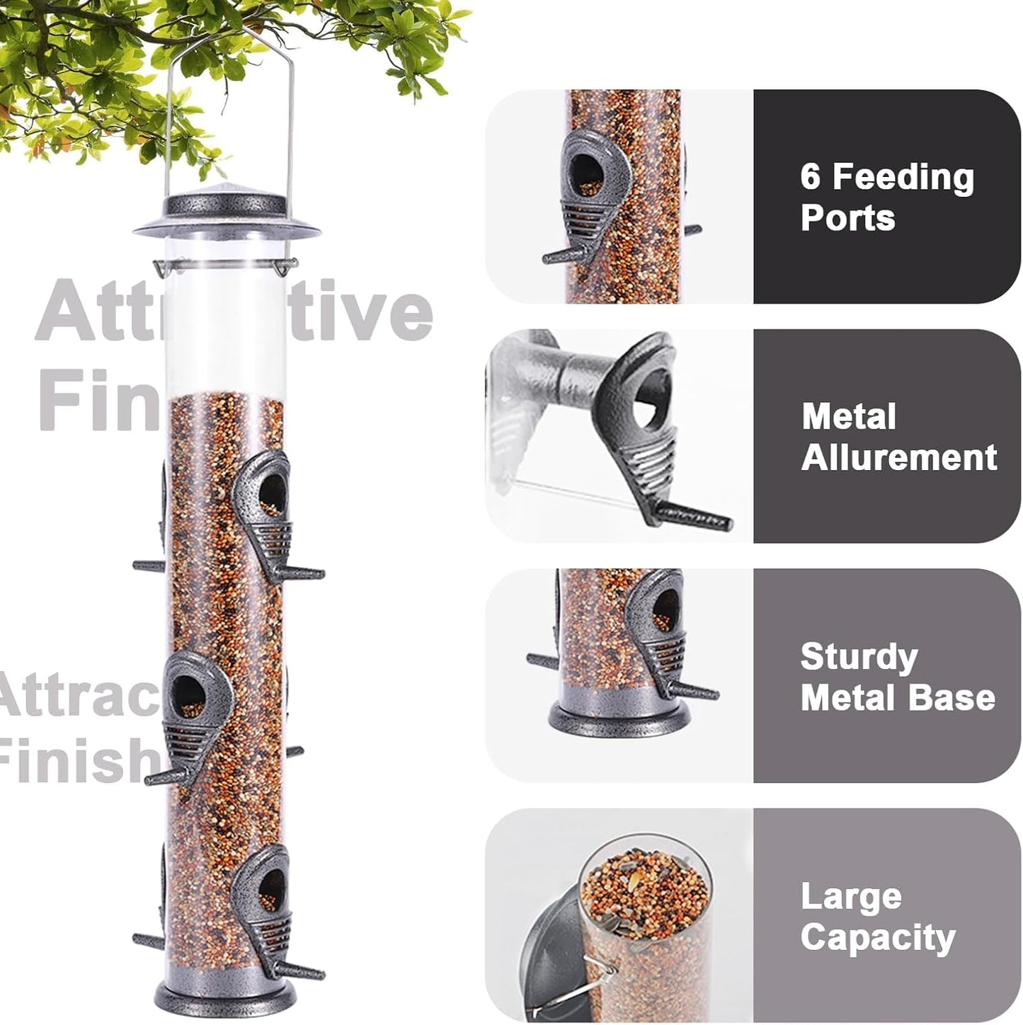 MIXXIDEA 2PK Metal Bird Feeders with 6 Feeding Ports,Tube Bird Feeder with Steel Hanger,Hard Plastic Wild Bird Feeder for Outdoors Hanging, Attracting Birds in Your Lawn, Garden, Balcony (Grey)