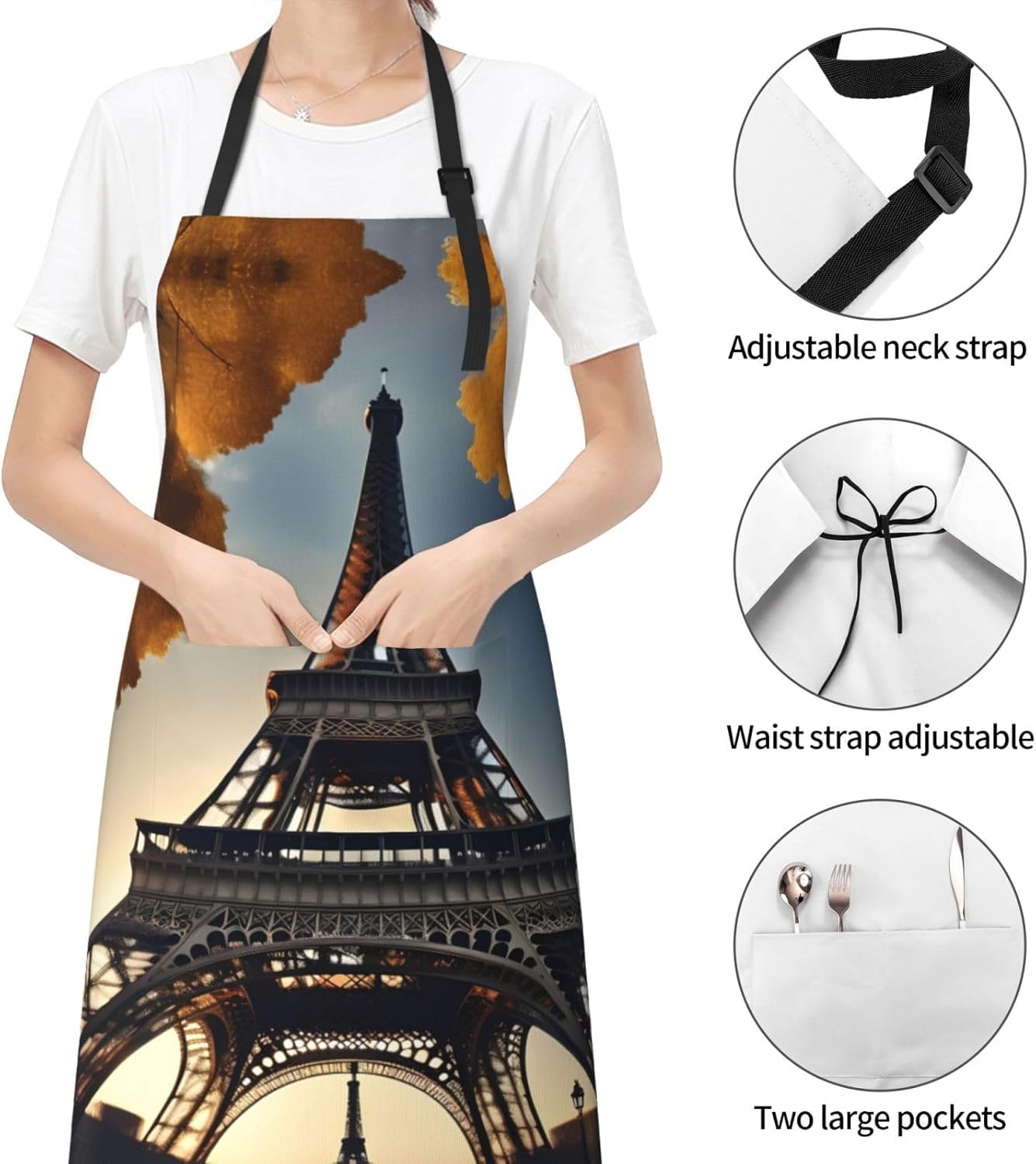 Beautiful Eiffel Tower Paris Print Laundry apron 28x33 In Waterproof Kitchen Apron with Pockets for Cooking Baking