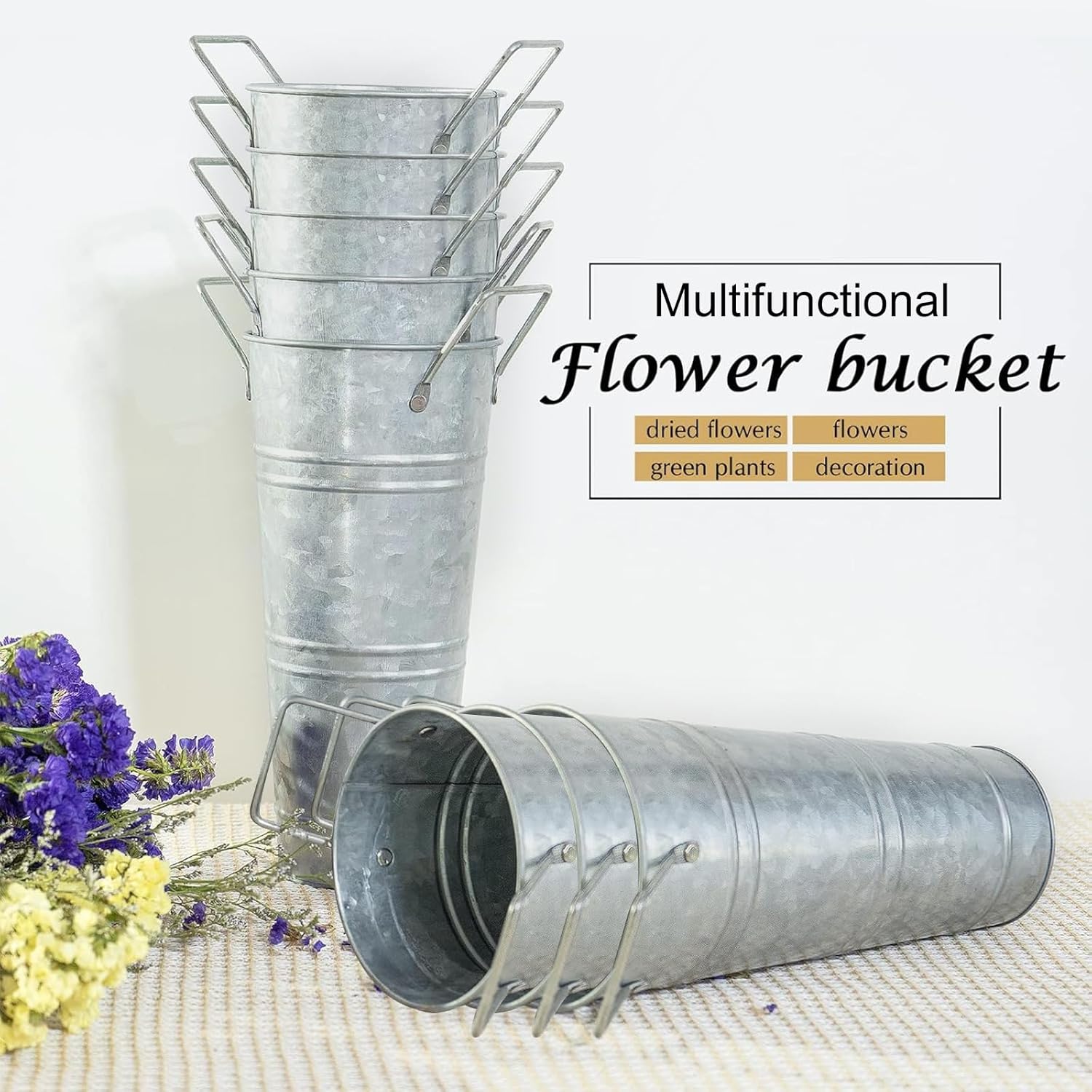 9 Inch White Metal Flower Buckets with Handles,8Pcs Tall Galvanized Va