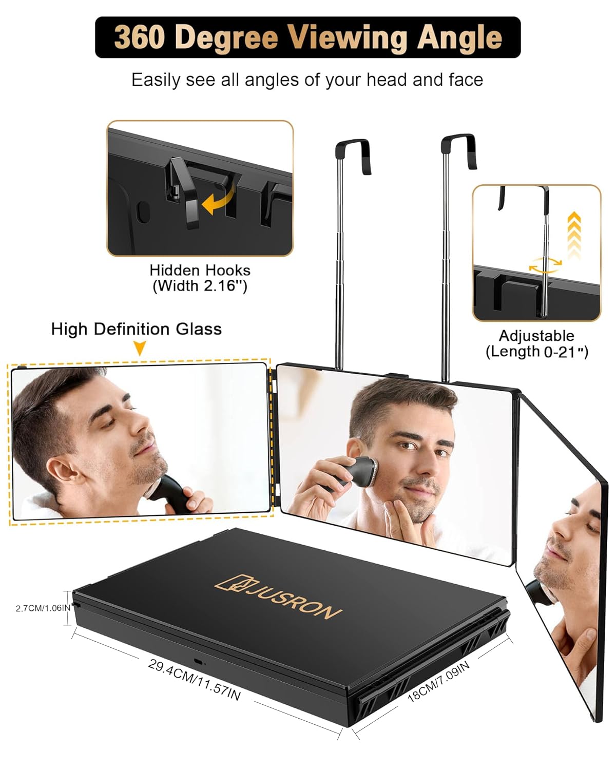 JUSRON 360 Viewing Angle Self Hair Cutting Mirror, Clear Anti-Fog HD G