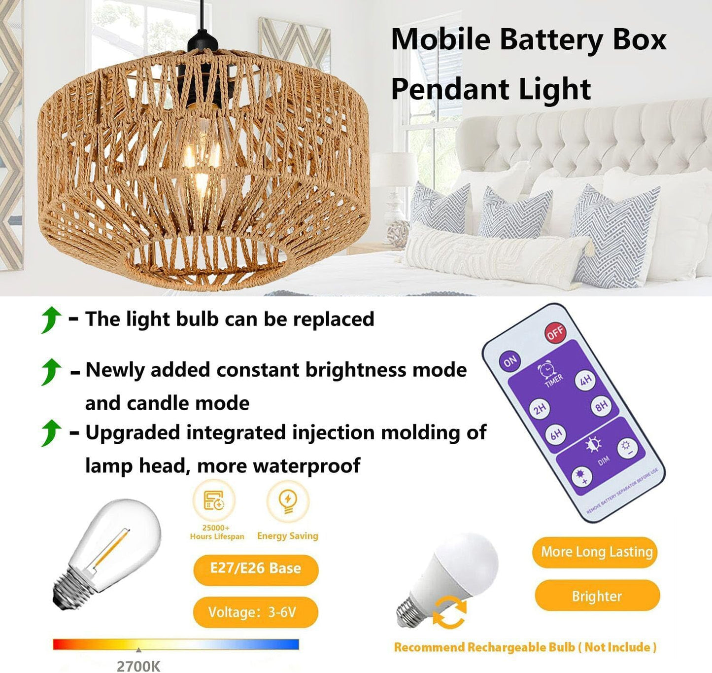 Battery Operated Pendant Light Outdoor Chandelier for Gazebo Hanging Lamp with Remote Timer Powered by 4*AA Batteries Boho Rattan Lampshade LED Lantern for Garden Farmhouse Porch Patio Backyard Decor