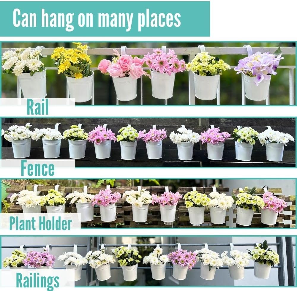 LaLaGreen 6 Inch Hanging Planter Iron - 10 Pack, White Large Metal Flower Pot Over Rail Balcony Railing Hanging Buckets for Plants Outdoor Fence Wall Herb Garden Succulent Outside Deck Patio Porch
