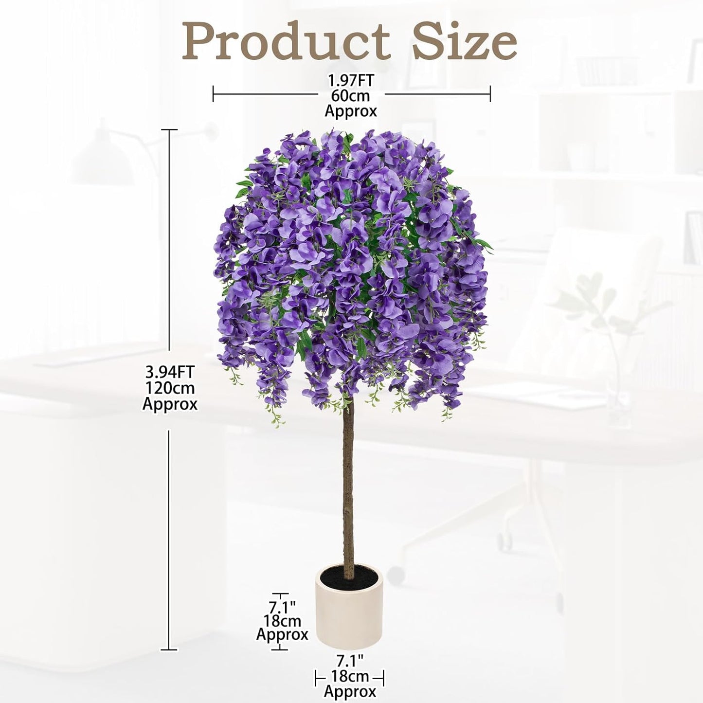 4FT Artificial Wisteria Tree in Pot, Faux Potted Floor Plant with Cascading Flowers, Realistic Fake Tree in Cream White Planter for Home Indoor Living Room Corner, Bedroom & Wedding Decor, Purple