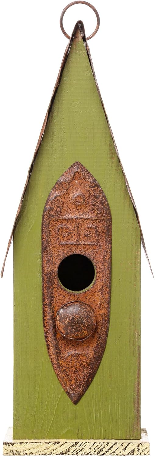 Glitzhome Vintage Hanging Birdhouse - Green Distressed Solid Wood Weatherproof Cottage Bird Shelter & Rustic Decor for Garden/Patio - Ready-to-Hang (13.25")