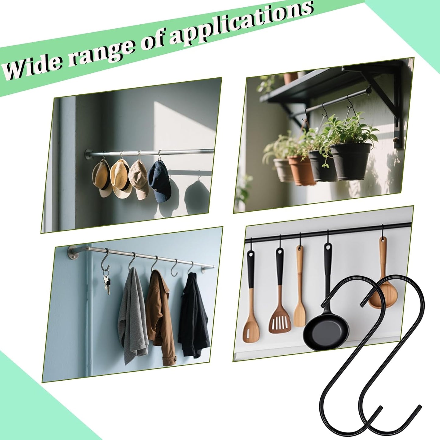 50Pack S Shaped Hooks,3Inch Stainless Steel Small Hooks for Hanging Plants, Towels, Bags, Pans, Pots Suitable for Kitchen, Office, Bathroom, Garden or Outdoor Activities-Black