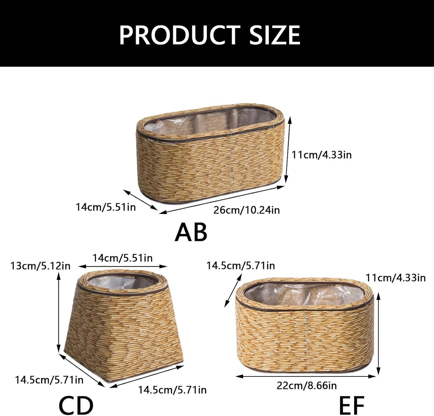 Rattan Flower Basket, Wicker Woven Planter with Plastics Liner, Hand Woven Basket Planter, Desktop Flower Pot for Bathrooms Kitchens Home Office