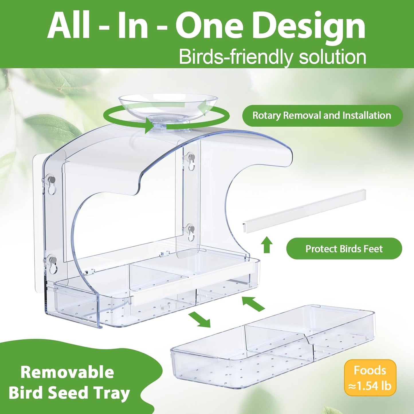 Goodeco Clear Window Bird Feeder - Outdoor Window Feeder with Bird Water Bowl & Strong Self-Adhesive Hooks for Outside Watchings - with a Brush, Easy to Clean, Ideal Gifts for Mom Parents